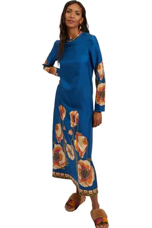 La DoubleJ Kjole, Dame, Blå, L, Silk Twill Langærmet Swing Kjole