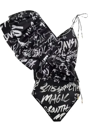 Camilla Top, Dame, Sort, S, Polyester, Scribble Mønstret Body med Flæse