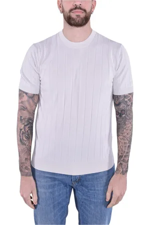 KANGRA CASHMERE Top, Herre, Hvid, L, Bomuld, Stribet Bomuld Rund Hals T-Shirt