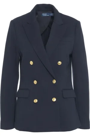 Ralph Lauren Jakke, Dame, Blå, L, Uld, Blå Dobbeltbrystet Strikblazer