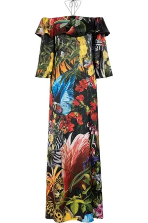 Roberto Cavalli Kjole, Dame, Flerfarvet, M, Uld, Tropisk Ruffled Maxi Kjole