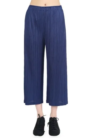 Issey Miyake Bukser, Dame, Blå, XL, Polyester, Cropped Bukser