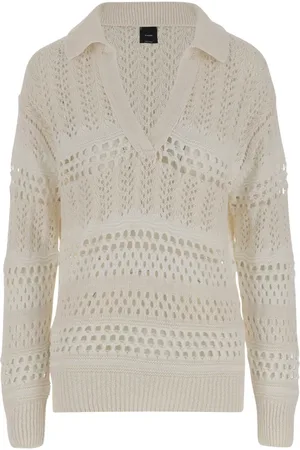 Pinko Strik, Dame, Hvid, S, Bomuld, Perforeret bomulds sweater med krave