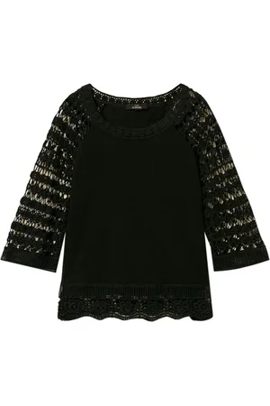 ACTITUDE Bluser & Skjorter, Dame, Sort, XS, Bomuld, Sort Bomuld Jersey Bluse med Macramé Detaljer