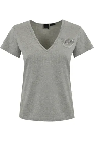 Pinko Top, Dame, Grå, XS, Bomuld, Grå T-shirt med broderede juveler