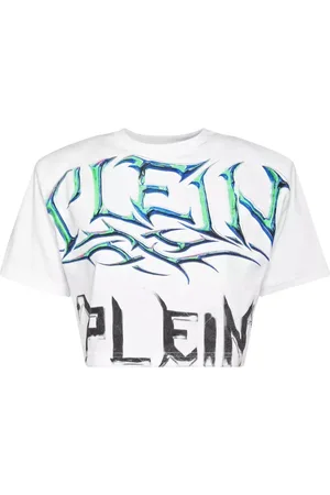 Philipp Plein Top, Dame, Hvid, S, Uld, Padded Shoulder Cropped Top Lettering