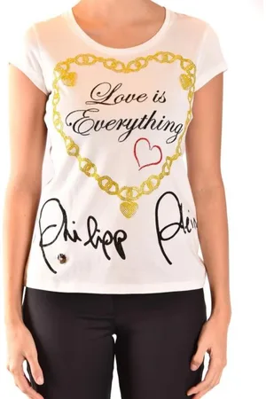 Philipp Plein Top, Dame, Hvid, M, Bomuld, Multicolor Tekst Print T-Shirt