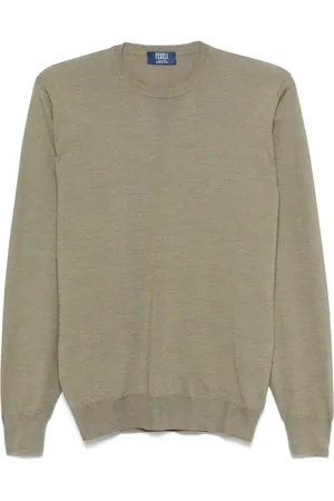 FEDELI Strik, Herre, Grøn, XL, Uld, Olivengrøn Crew Neck Sweater