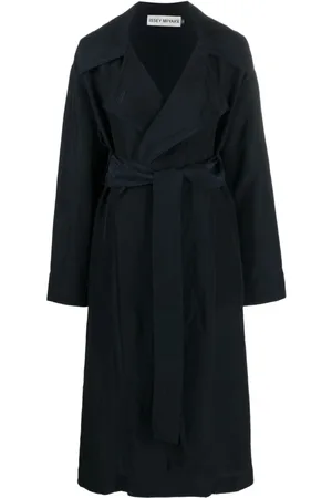 Issey Miyake Frakke, Dame, Blå, M, Navy Bæltet Frakke med Bred Revers