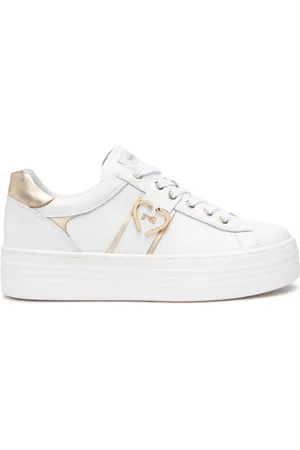 Nero Giardini Sko, Dame, Hvid, 38 EU, Uld, Hvide lædersneakers med guldindsatser