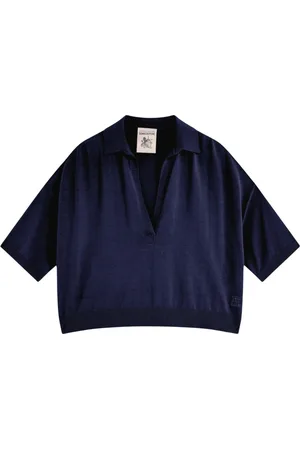 SEMICOUTURE Top, Dame, Blå, M, Bomuld, Amber Bomuldspolo med V-hals