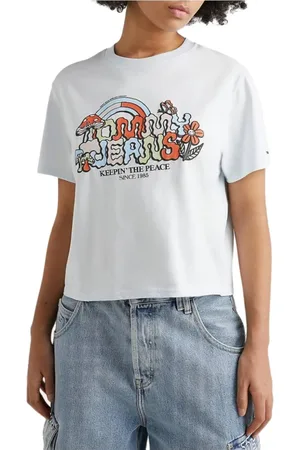 Tommy Hilfiger Top, Dame, Hvid, S, Bomuld, Farverig T-shirt med grafisk print