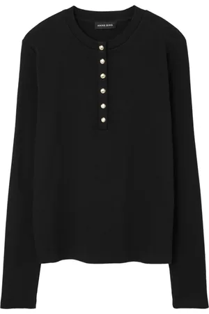 ANINE BING Top, Dame, Sort, S, Uld, Sort knap-op skjorte