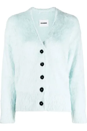 Jil Sander Strik, Dame, Blå, M, Elegant Silk Cardigan
