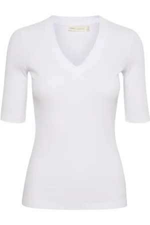 INWEAR Top, Dame, Hvid, XL, Bomuld, Klassisk Ribstrikket V-hals T-shirt