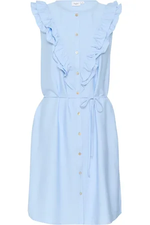 Saint Tropez Kjole, Dame, Blå, L, Blå Chambray Flæsekjole