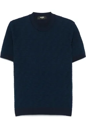 Fendi Top, Herre, Blå, XL, Broderet Rund Hals T-shirt Blå
