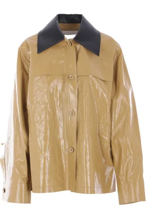 Jil Sander Jakke, Dame, , XS, Læder, Resin Linen Frakke med Læderkrave