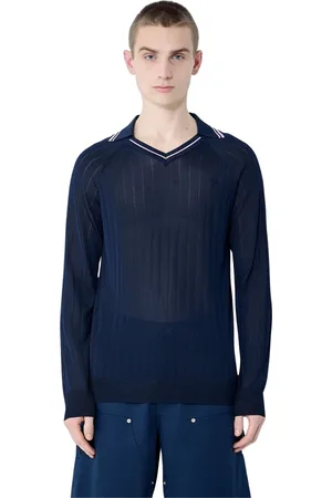 WALES BONNER Strik, Herre, Blå, S, Nylon, Fodbold-inspireret Polo Shirt med Stribe Trim