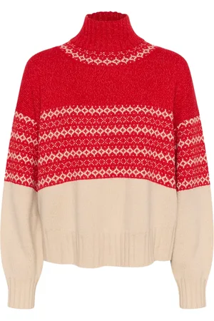 Part Two Strik, Dame, Rød, XS, Rød Jacquard Puff Sleeve Sweater