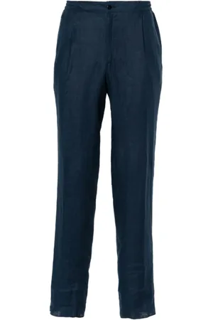 Kiton Bukser, Herre, Blå, 2XL, Linned, Navy Blå Linned Bukser med Tilspidset Ben