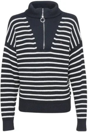 Tommy Hilfiger Strik, Dame, Blå, L, Bomuld, Stribet Oversized Rullekrave