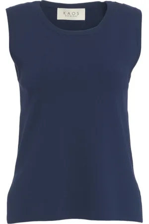 Kaos Top, Dame, Blå, S, Tyl, Blå Ærmeløs Strikket Top med Logo Patch