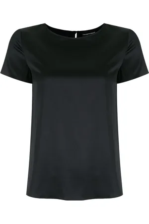 Emporio Armani Bluser & Skjorter, Dame, Blå, XS, Blå Stretch-Silke Scoop Neck T-Shirt