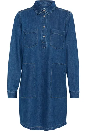 Part Two Kjole, Dame, Blå, L, Denim, Denimkjole med skjortekrave og brystlommer