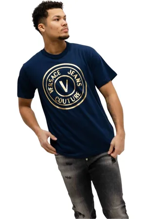 VERSACE Top, Herre, Blå, S, Uld, V-Emblem T-Shirt Mænd Mørkeblå/Guld