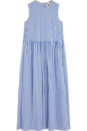 SEMICOUTURE Kjole, Dame, Blå, S, Stribet poplin kjole med rynket talje
