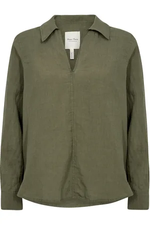 Part Two Bluser & Skjorter, Dame, Grøn, XS, Linen Bluse med V-udskæring