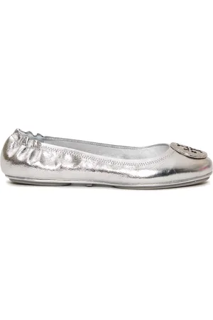 Tory Burch Sko, Dame, Grå, 37 1/2 EU, Læder, Sølvfarvede Ballerina Sko med Mikro Rhinestones