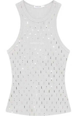 Patrizia Pepe Top, Dame, Grå, L, Bomuld, Ribstrikket Tank Top med Rhinestones
