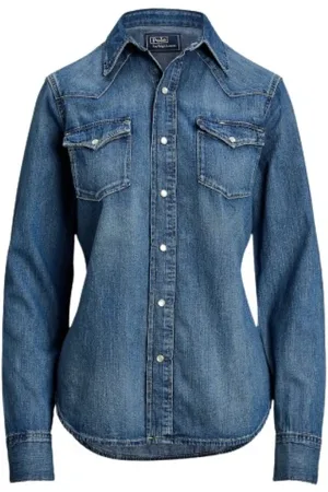 Ralph Lauren Bluser & Skjorter, Dame, Blå, XS, Denim, Western Denim Skjorte med Trykknapper