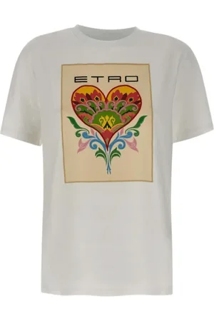 Etro Top, Dame, Hvid, S, Bomuld, Hjerteprint Blomsterbroderi T-shirt