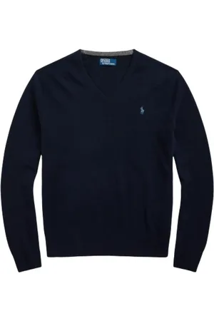 Ralph Lauren Strik, Herre, Blå, XL, Uld, Blød uld V-hals sweater
