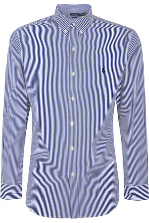 Ralph Lauren Skjorte, Herre, Blå, 2XL, Bomuld, Blå Hvid Bengalstribet Slim Fit Skjorte
