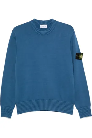 Stone Island Strik, Herre, Blå, M, Bomuld, Ribstrikket sweater med badge
