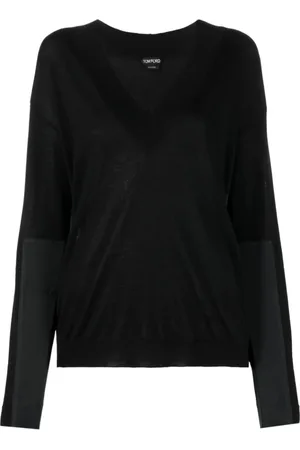 Tom Ford Strik, Dame, Sort, M, Cashmere, Panelstrikket V-hals Jumper