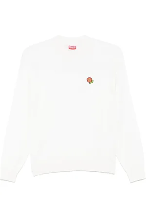 Kenzo Strik, Dame, Hvid, M, Uld, Almond Beige Logo Patch Crew Neck
