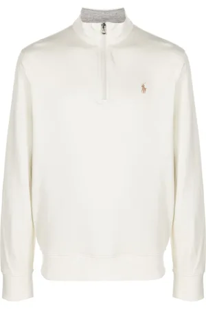Ralph Lauren Strik, Herre, Hvid, XL, Bomuld, Bomuldsstrik med halv lynlås og broderet logo