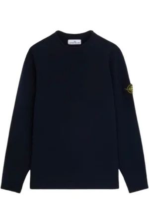 Stone Island Strik, Herre, Blå, M, Uld, Lammeuld Crewneck Sweater med Ribdetaljer