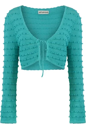 Self-Portrait Strik, Dame, Grøn, L, Bomuld, Beaded Knit Cropped Cardigan
