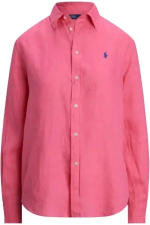 Ralph Lauren Bluser & Skjorter, Dame, Lyserød, L, Linen Skjorte med Spids Krave