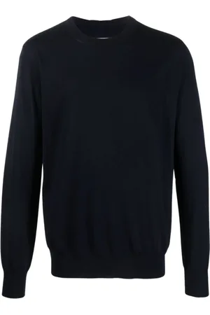 Jil Sander Strik, Herre, Blå, 2XL, Uld, Navy Strikket Pullover med Rund Hals