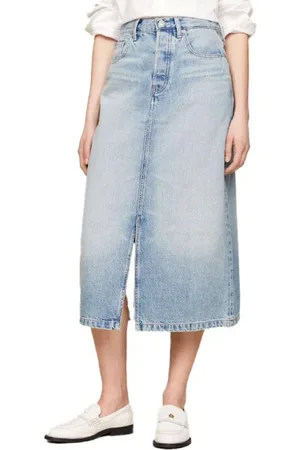 Tommy Hilfiger Nederdel, Dame, Blå, M, Bomuld, Midi Straight Nederdel