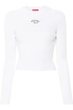 Diesel Top, Dame, Hvid, S, Ribstrik Hvid Top med Oval D Detalje