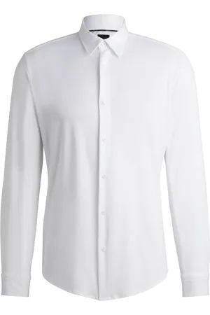 HUGO BOSS Skjorte, Herre, Hvid, XL, Polyester, Slim-fit skjorte i struktureret performance-stretch materiale