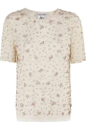 SEMICOUTURE Top, Dame, Brun, XS, Bomuld, Louisa T-shirt med strassbroderi